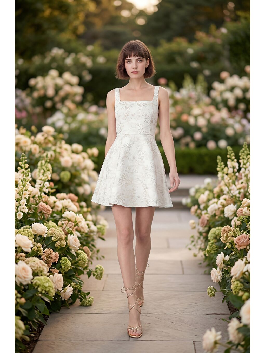 Sarı Kadın Gold Kare Yaka Saten Jakarlı Mini Elbise-4