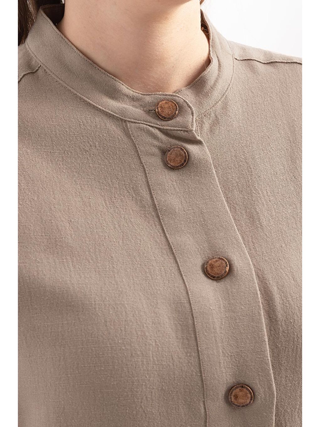 Bej Vizon-Yarım Patlı Yırtmaçlı Keten Tunik-4