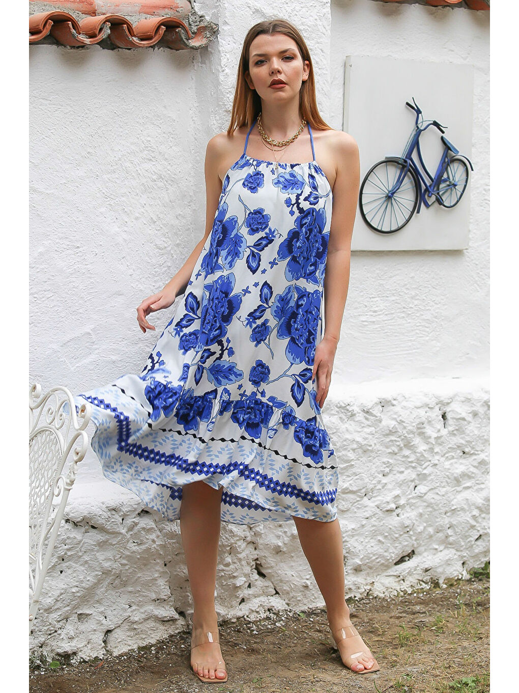 Lacivert-Beyaz Boyundan Bağlamalı Etek Ucu Fırfırlı Allover Baskılı Dokuma Casual Elbise-3