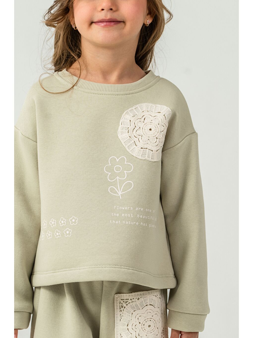 Yeşil Kız Çocuk 3 İplik Kumaş İspanyol Paça Eşofman Takımı-7