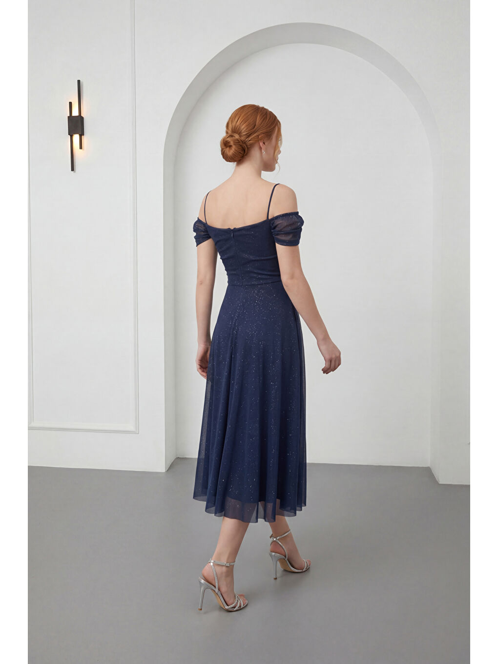 Kadın Lacivert İnce Askılı Simli Midi Söz Nişan Nikah Abiye Elbise-5
