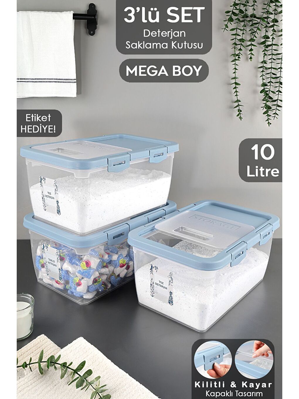 3 Adet Etiketli Deterjan Saklama Kutusu   Kilitli Kayar Kapak Tablet Toz Deterjan Kabı 10 Lt Mavi