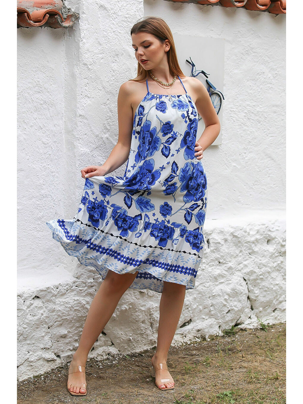 Lacivert-Beyaz Boyundan Bağlamalı Etek Ucu Fırfırlı Allover Baskılı Dokuma Casual Elbise-4