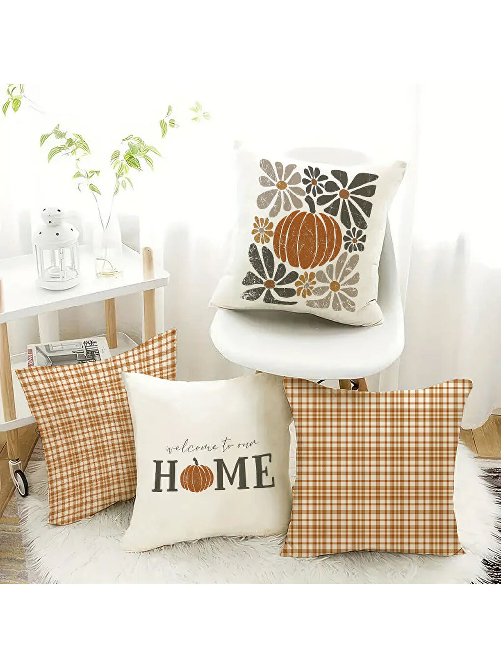 Karışık Çift Taraf Baskılı Kadife Doku Sonbahar Ve Kabak Desenli 4'lü Kırlent Seti