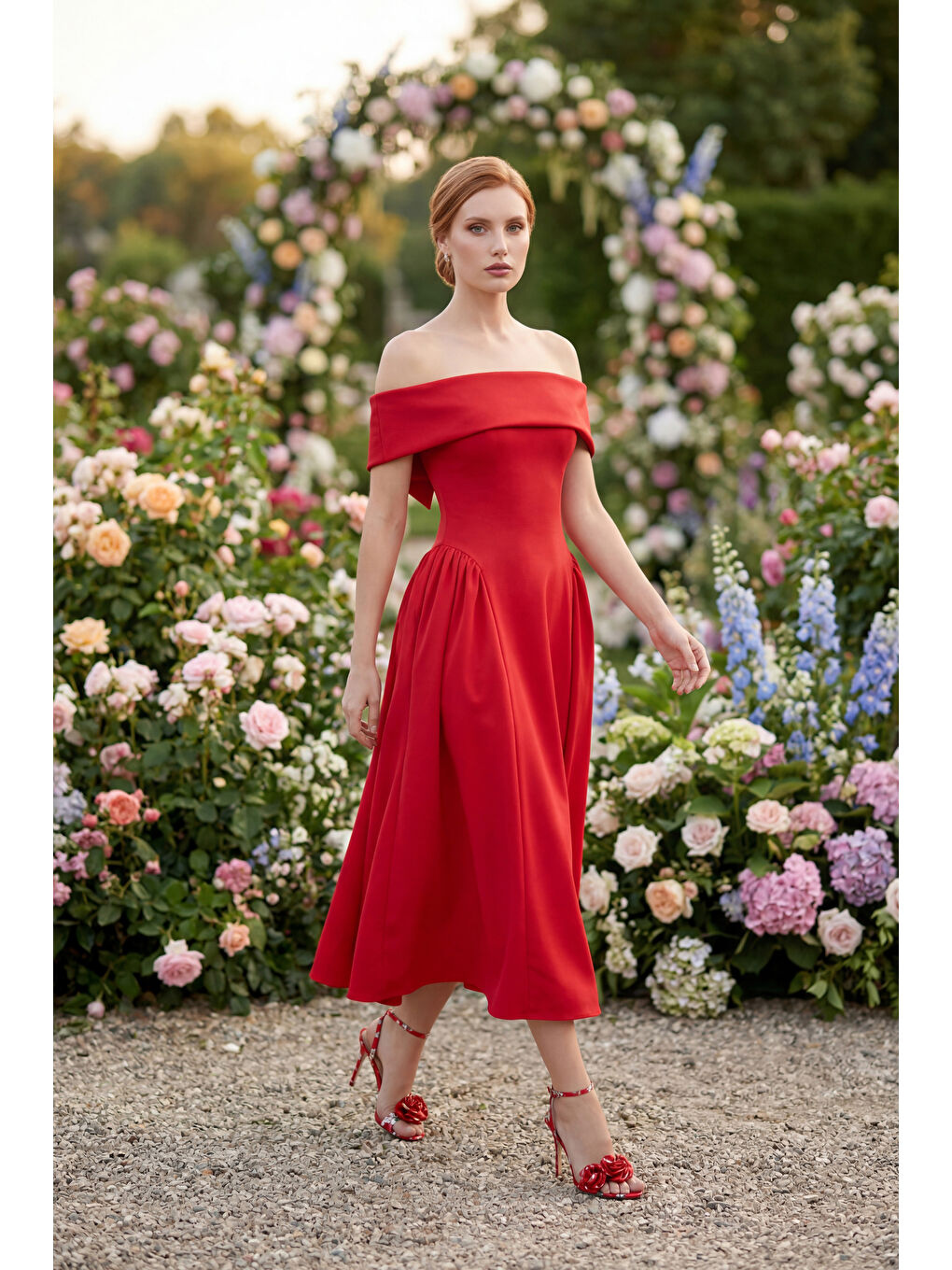 Kadın Kırmızı Kayık Yaka Midi Davet Elbisesi-3