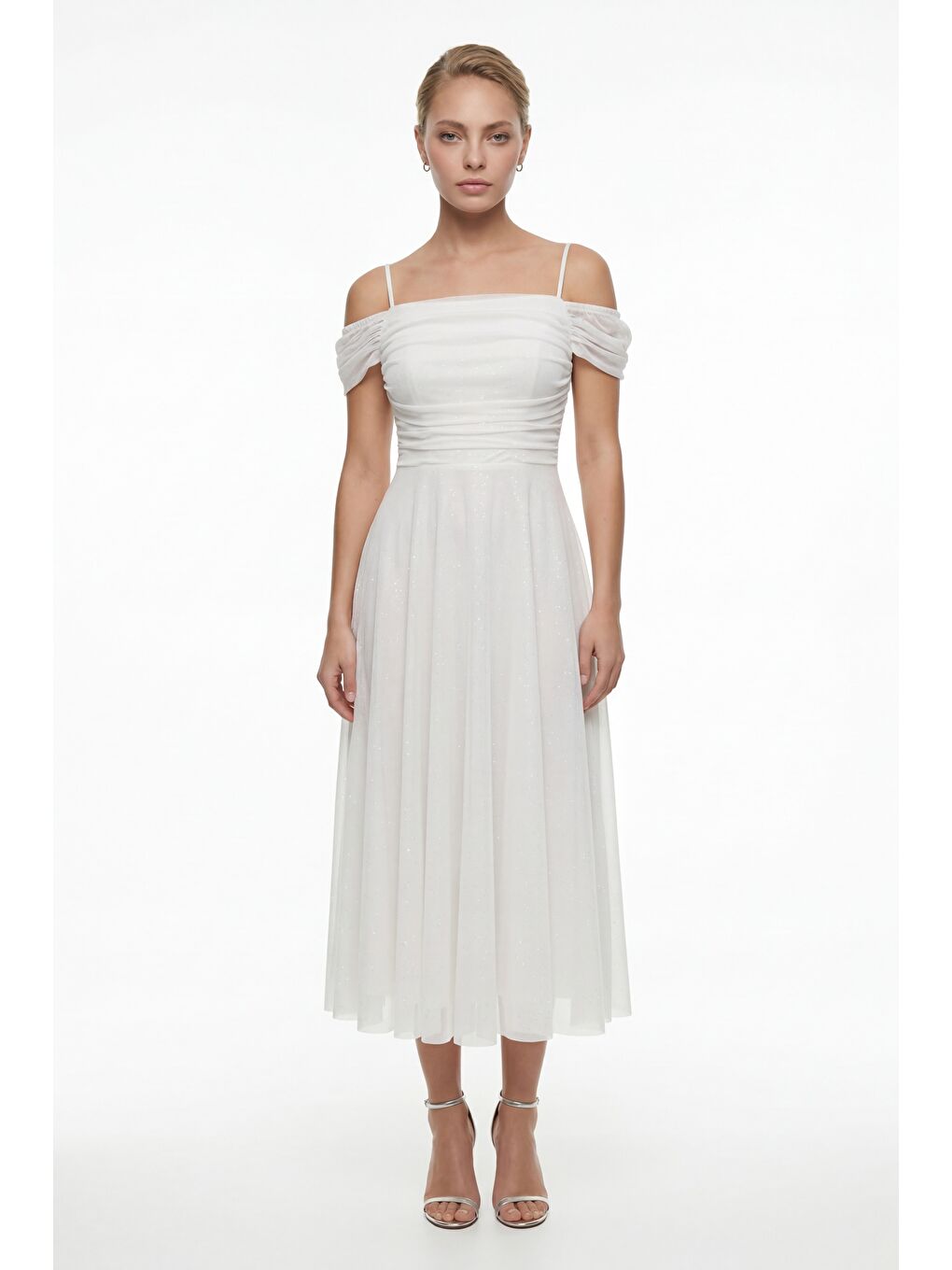 Kadın Beyaz İnce Askılı Simli Midi Söz Nişan Nikah Abiye Elbise-1