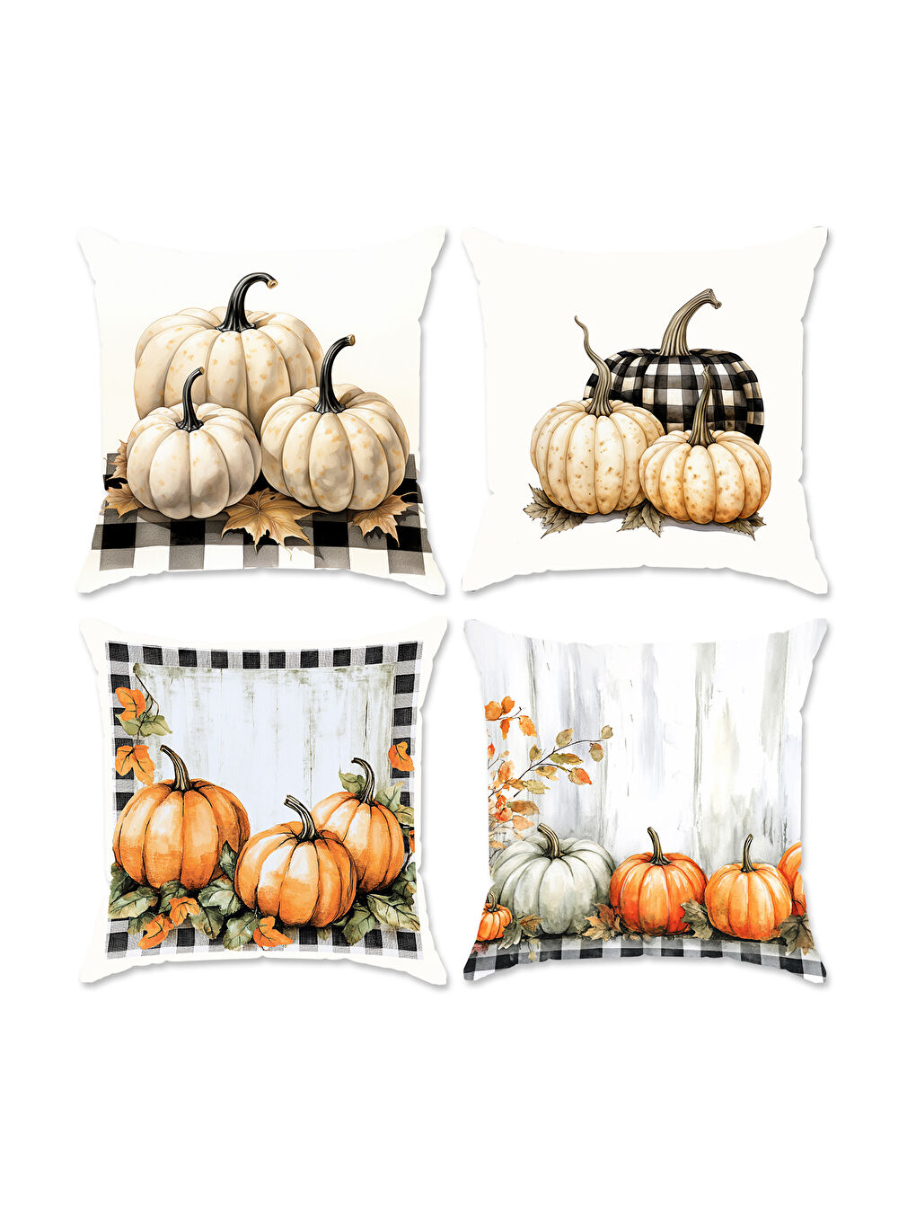 Karışık Çift Taraf Baskılı Kadife Doku Sonbahar Ve Kabak Desenli 4'lü Kırlent Seti-1