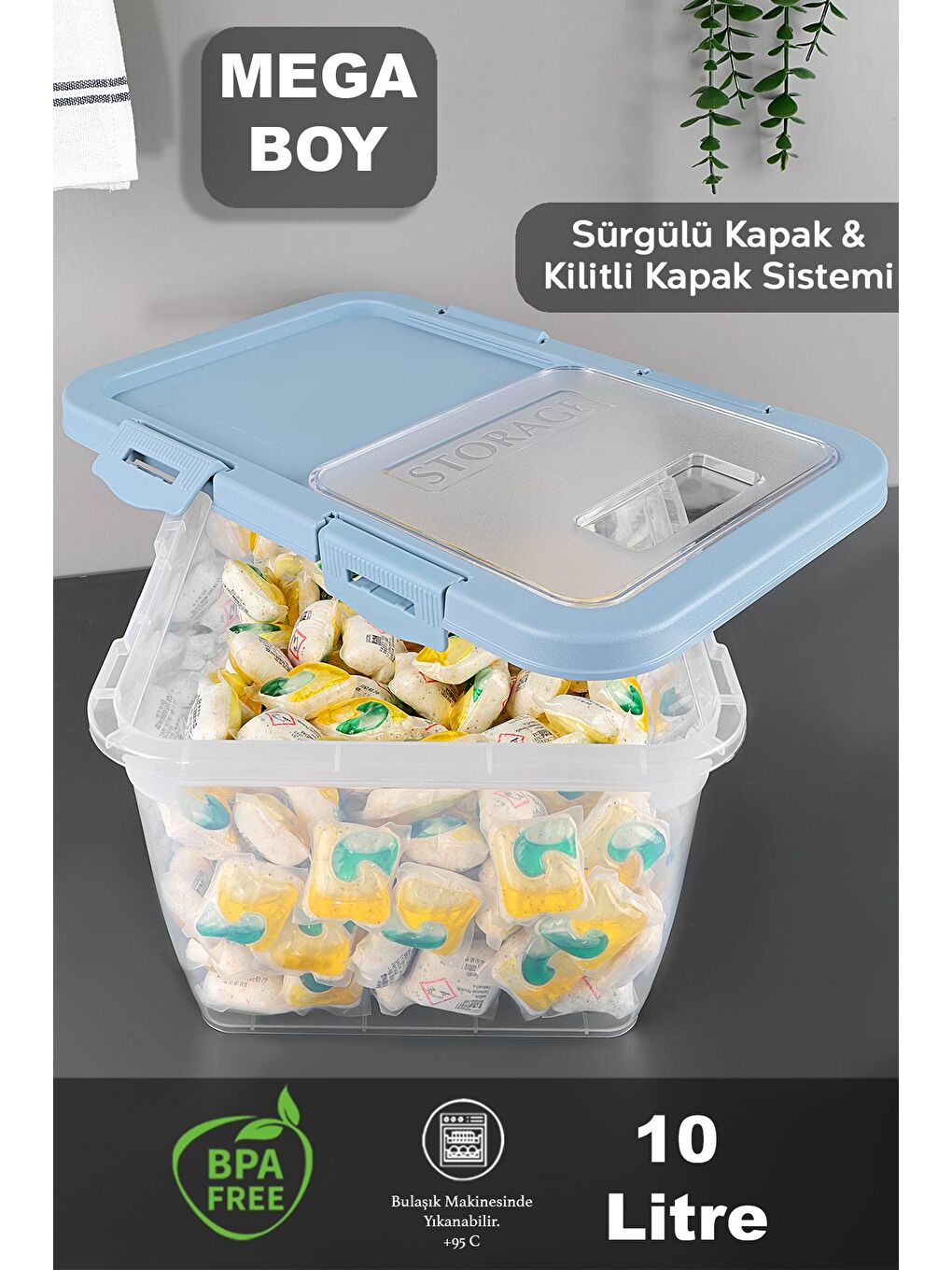 3 Adet Etiketli Deterjan Saklama Kutusu   Kilitli Kayar Kapak Tablet Toz Deterjan Kabı 10 Lt Mavi-2