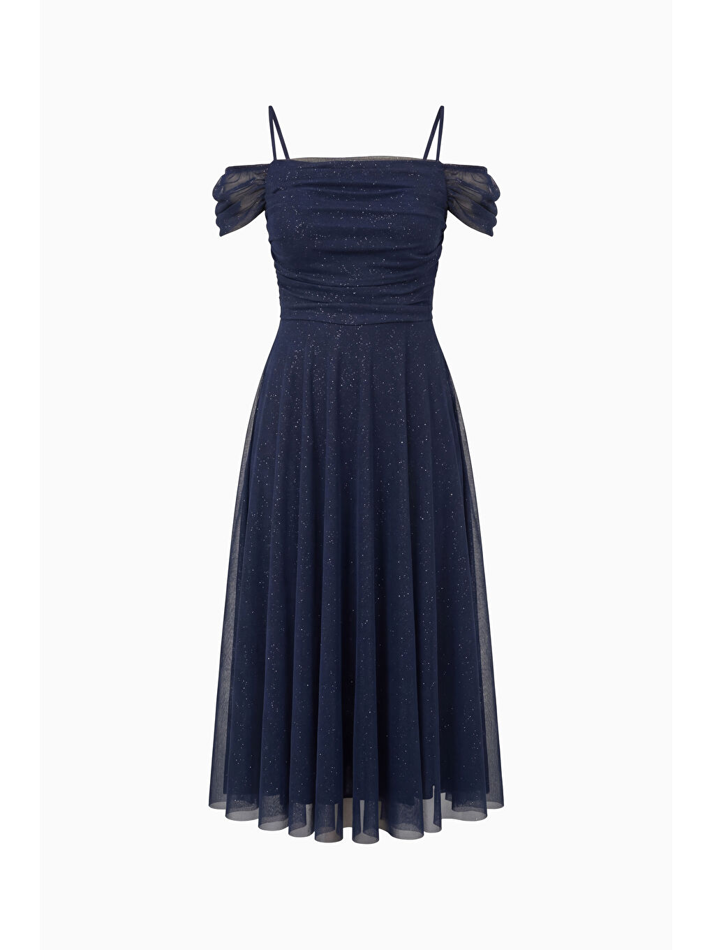 Kadın Lacivert İnce Askılı Simli Midi Söz Nişan Nikah Abiye Elbise-6