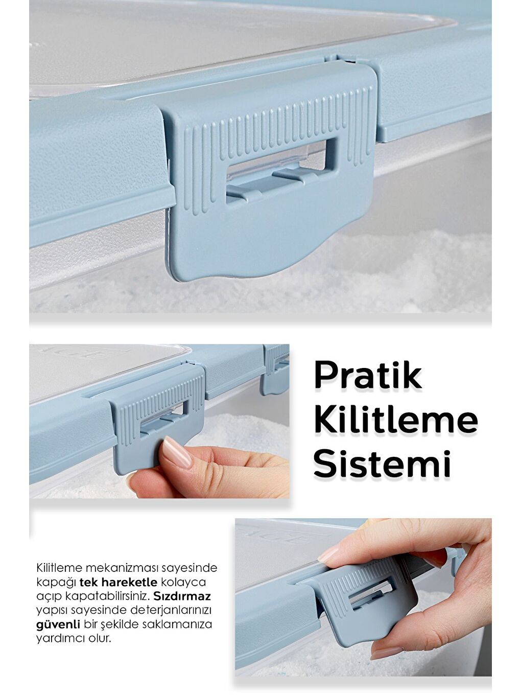 3 Adet Etiketli Deterjan Saklama Kutusu   Kilitli Kayar Kapak Tablet Toz Deterjan Kabı 10 Lt Mavi-3