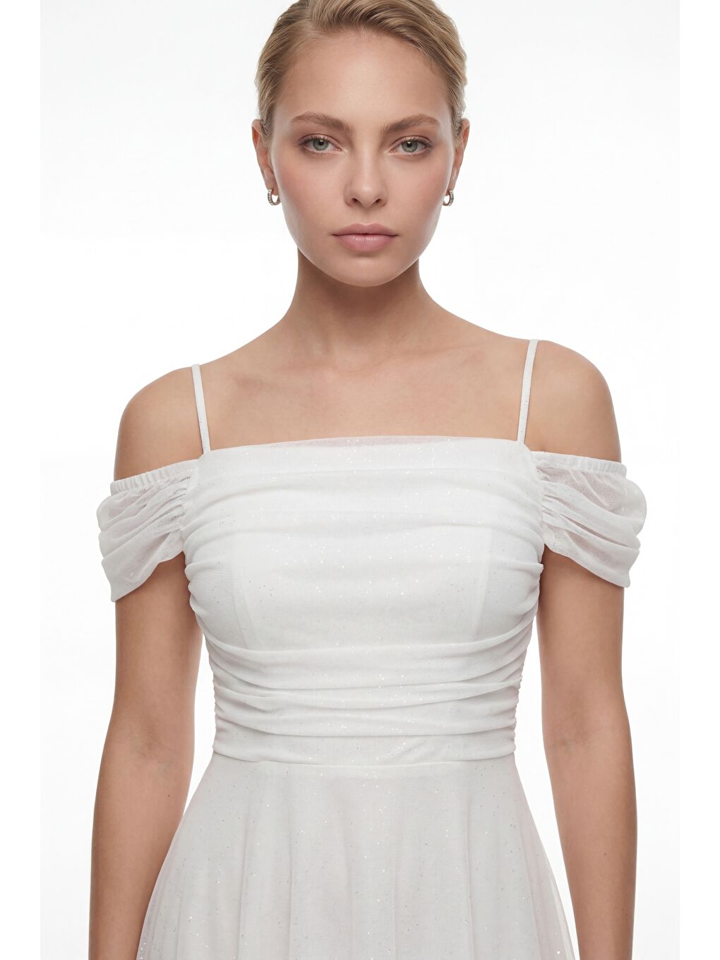 Kadın Beyaz İnce Askılı Simli Midi Söz Nişan Nikah Abiye Elbise-2