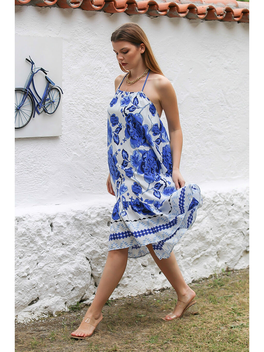 Lacivert-Beyaz Boyundan Bağlamalı Etek Ucu Fırfırlı Allover Baskılı Dokuma Casual Elbise-5