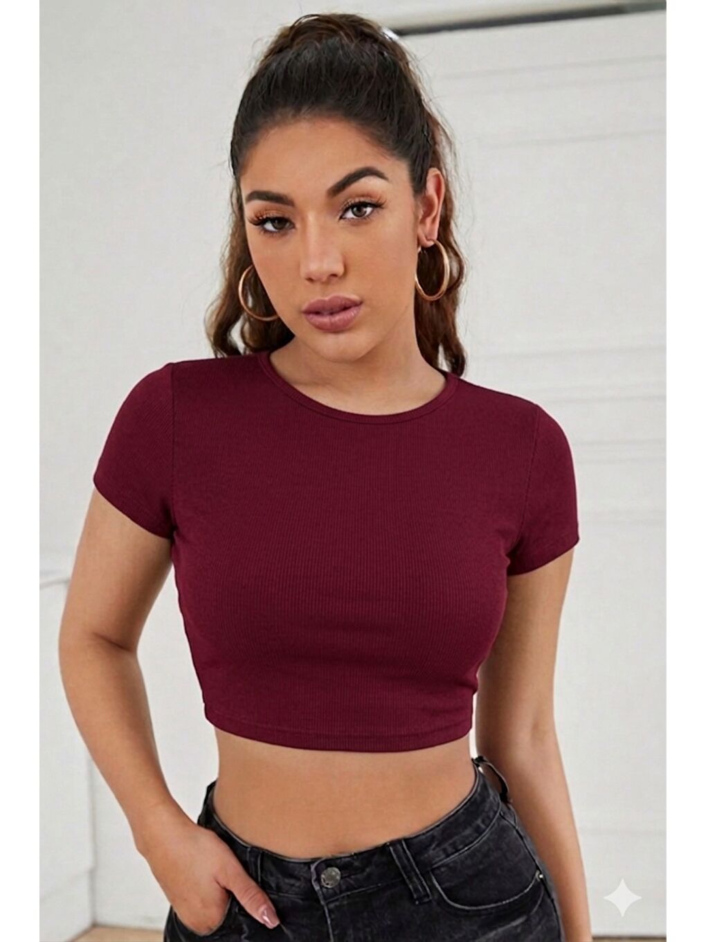 Bordo Kadın Sırtı Açık Bağlama Detaylı Kısa Kollu Crop Tişört