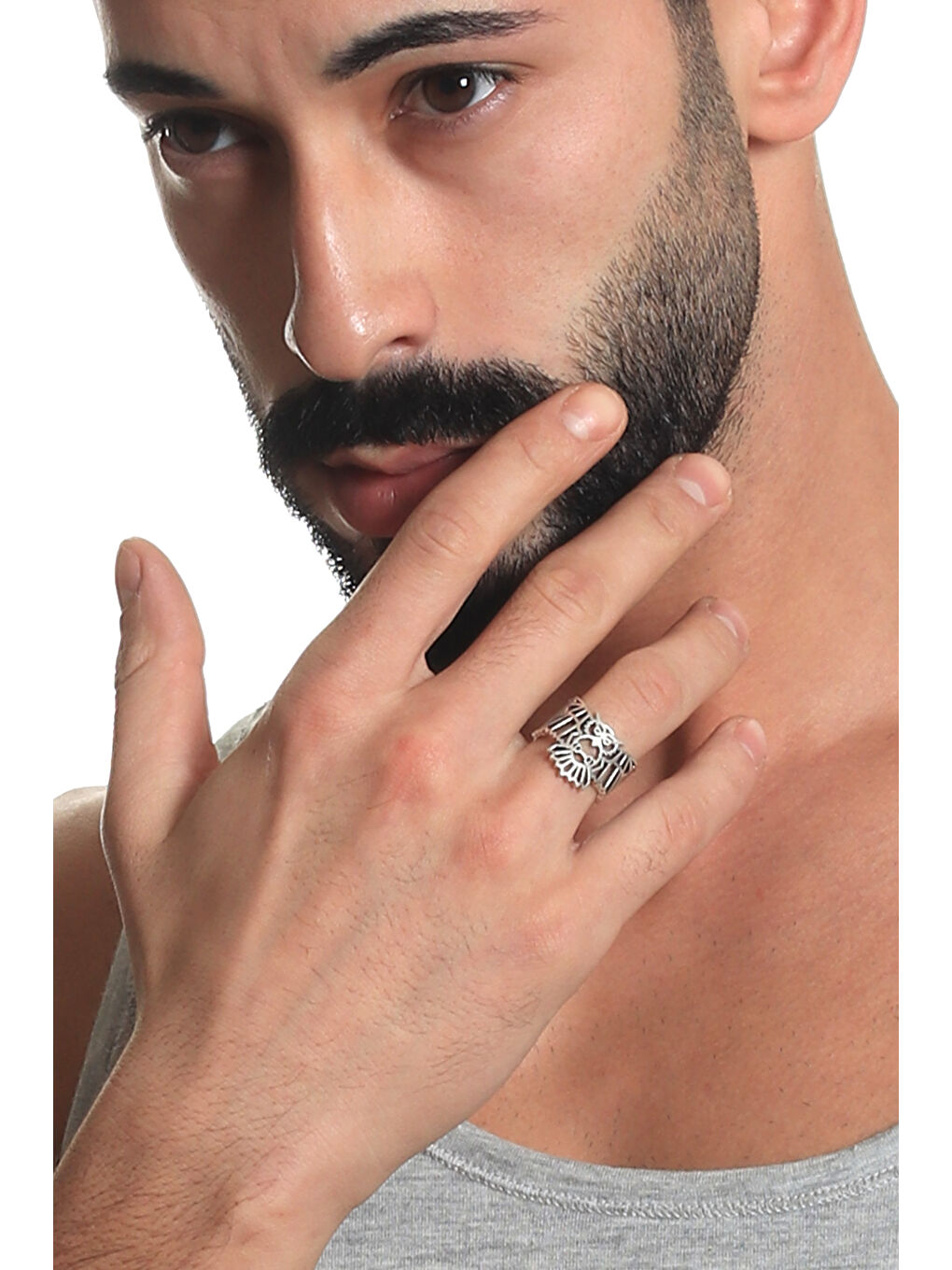 Gri Erkek Antik Gümüş Kaplama Ayarlanabilir Baykuş Yüzük-4