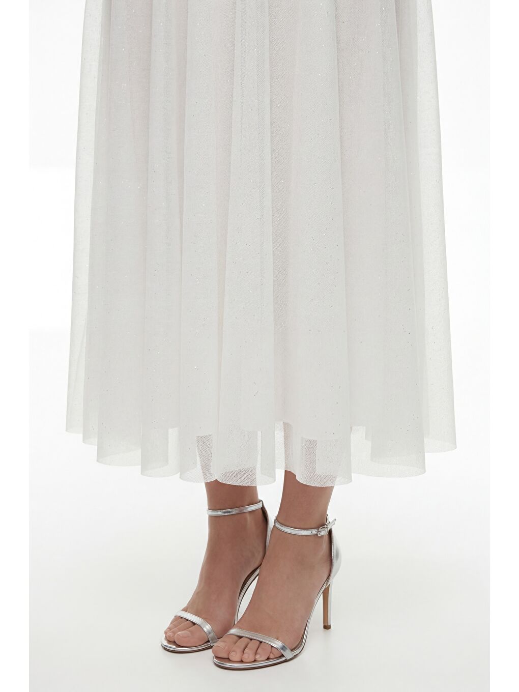 Kadın Beyaz İnce Askılı Simli Midi Söz Nişan Nikah Abiye Elbise-3