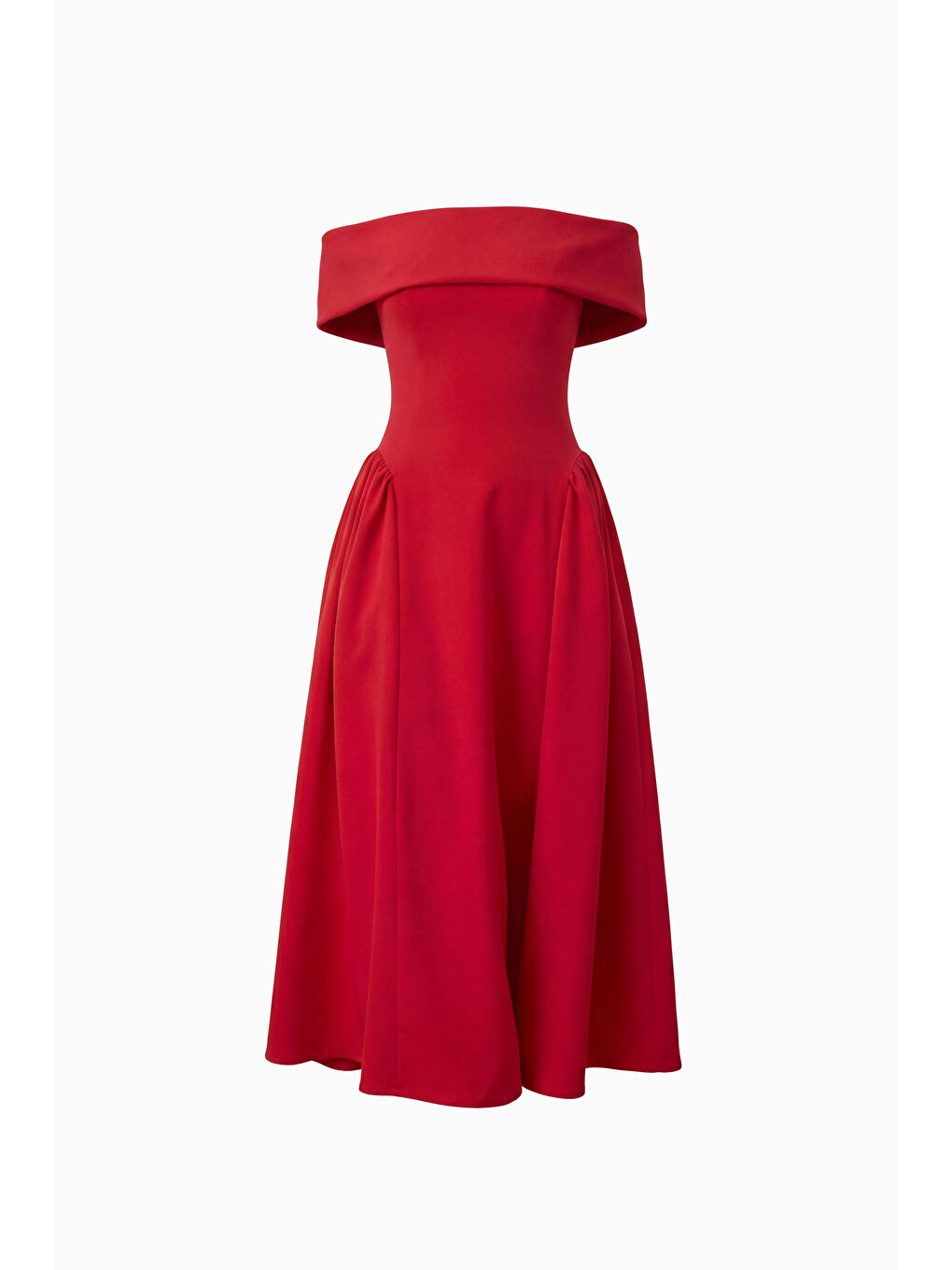 Kadın Kırmızı Kayık Yaka Midi Davet Elbisesi-5