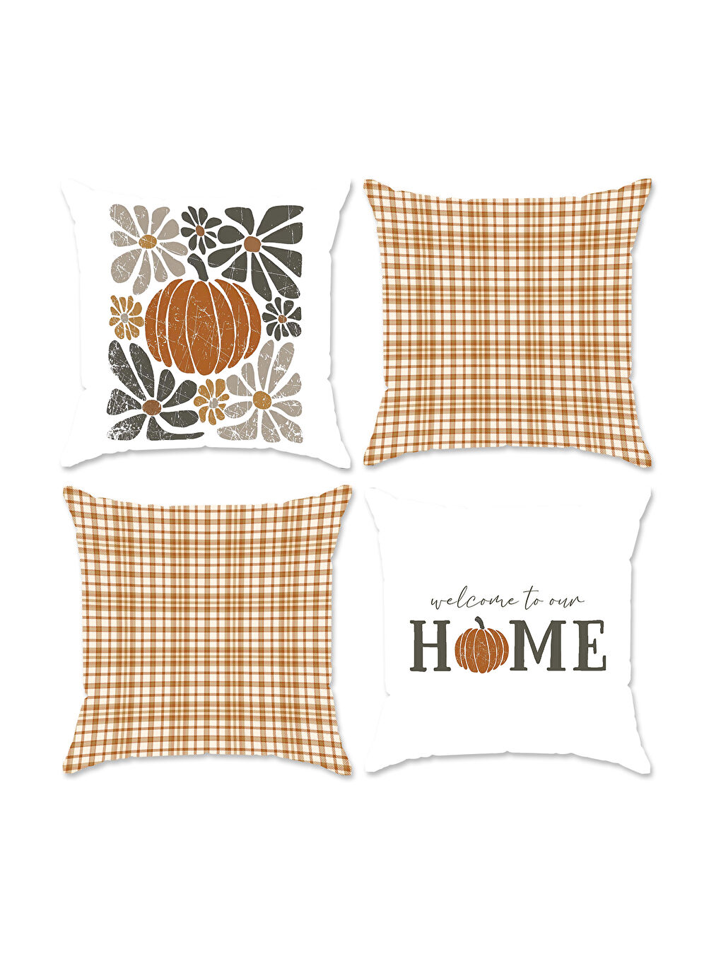 Karışık Çift Taraf Baskılı Kadife Doku Sonbahar Ve Kabak Desenli 4'lü Kırlent Seti-1