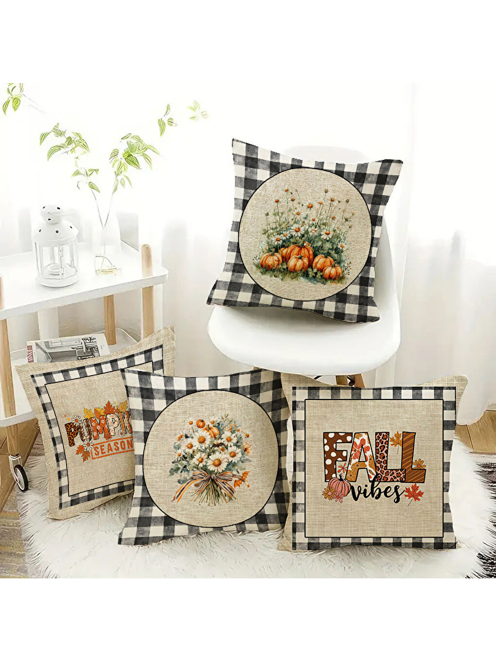 Karışık Çift Taraf Baskılı Kadife Doku Sonbahar Ve Kabak Desenli 4'lü Kırlent Seti