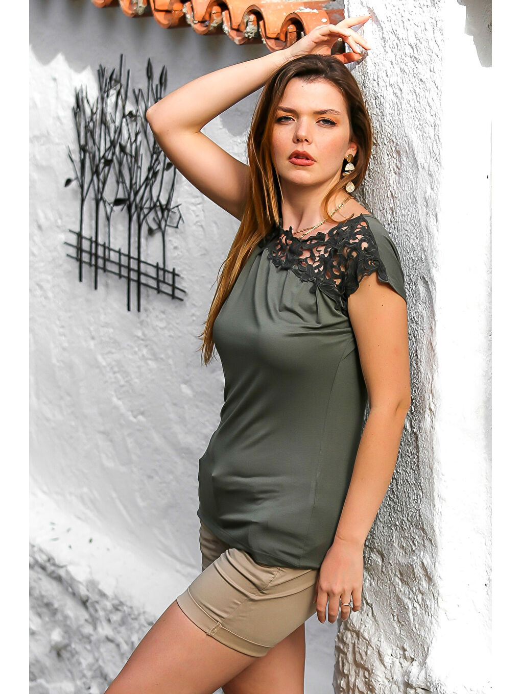 Koyu Haki Dantel Yaka Düşük Kol Örme Casual Bluz-5