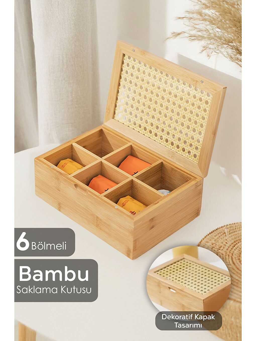Bej 6 Bölmeli Bambu Çay Kutusu   Kapaklı Poşet Çay Saklama Kutusu Aksesuar Takı Düzenleyici Organizer