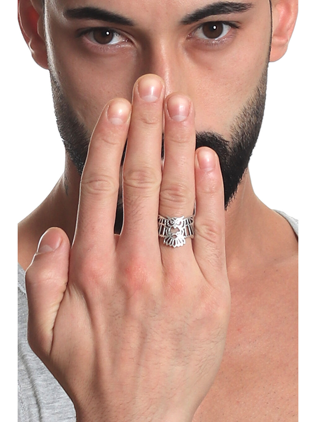 Gri Erkek Antik Gümüş Kaplama Ayarlanabilir Baykuş Yüzük-5