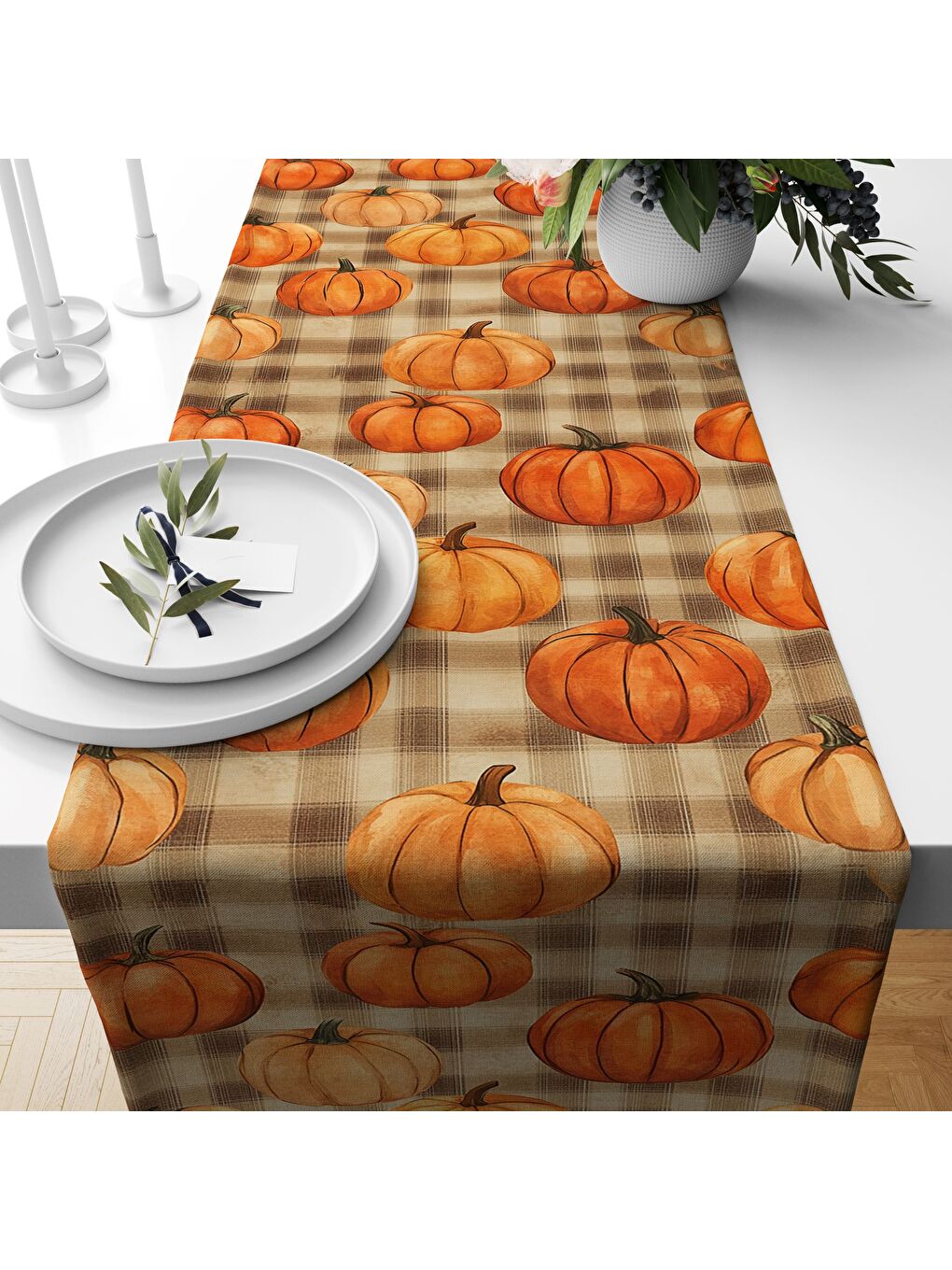 Karışık Sonbahar Desenli 40x140 cm Kadife Masa Örtüsü Runner-1