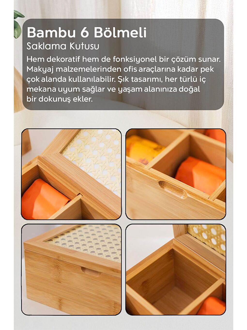Bej 6 Bölmeli Bambu Çay Kutusu   Kapaklı Poşet Çay Saklama Kutusu Aksesuar Takı Düzenleyici Organizer-2