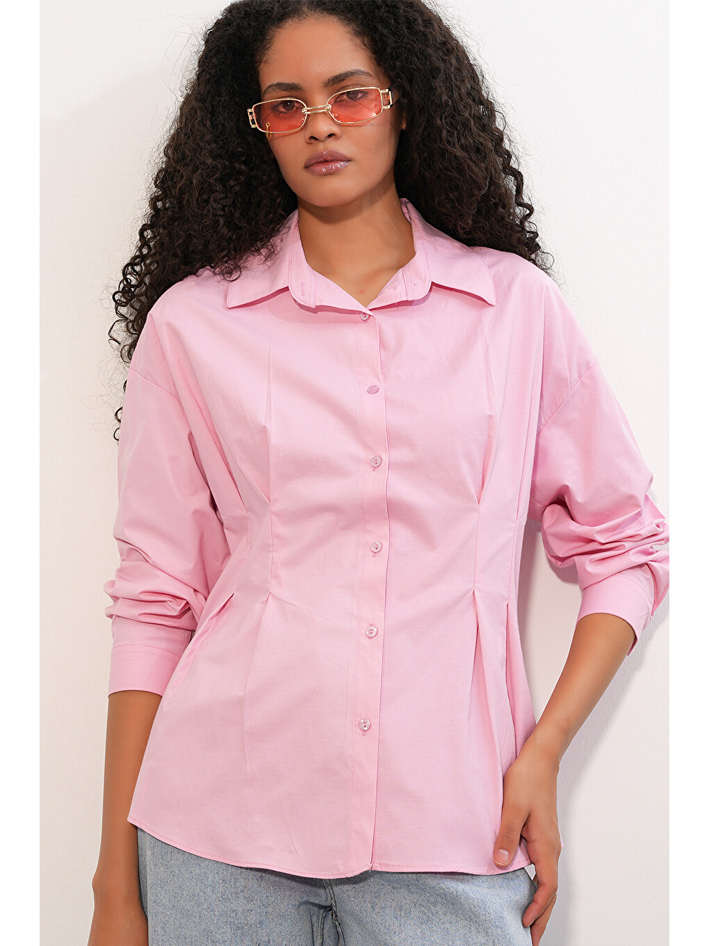 Kadın Belden Oturtmalı Poplin Gömlek 20384 - Pembe