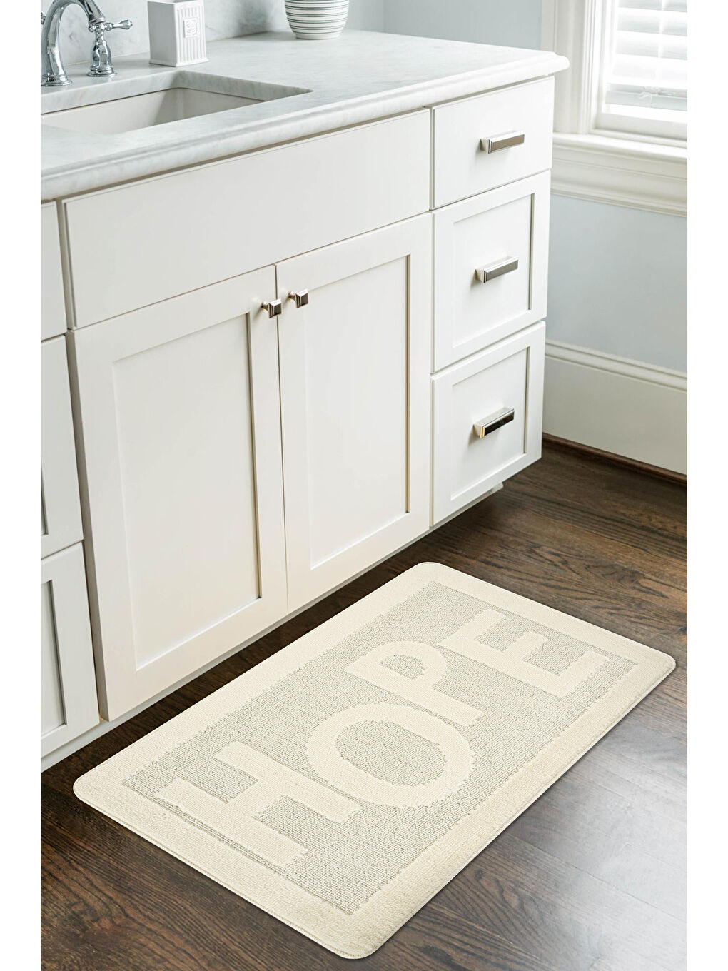 Ekru Doğal Kaymaz Taban Banyo Paspas Uzun Ömürlü Yumuşak Su Emici Yazılı Hope-Krem