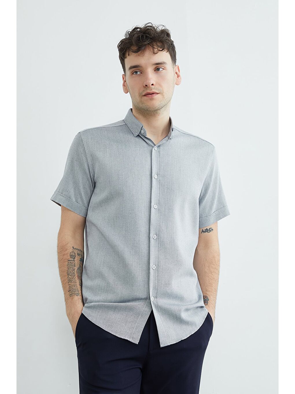 Lacivert Çizgili Kısa Kollu Gömlek-1