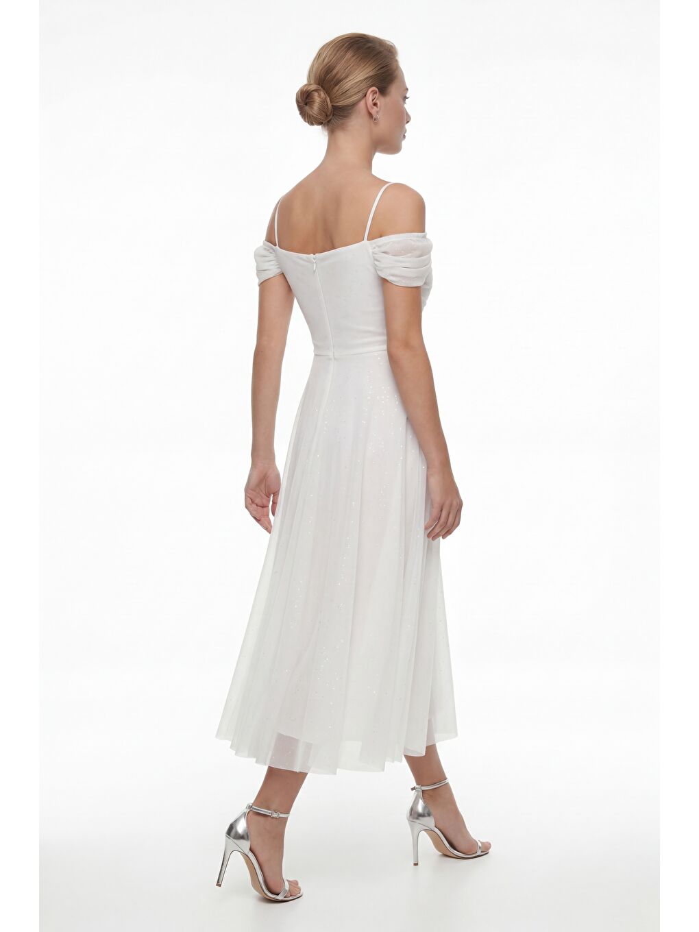 Kadın Beyaz İnce Askılı Simli Midi Söz Nişan Nikah Abiye Elbise-5