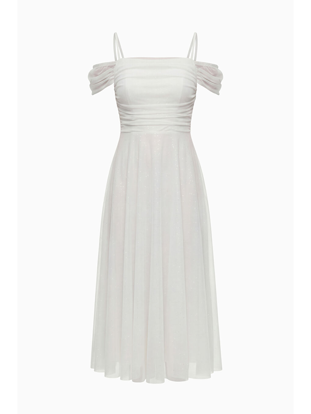 Kadın Beyaz İnce Askılı Simli Midi Söz Nişan Nikah Abiye Elbise-6