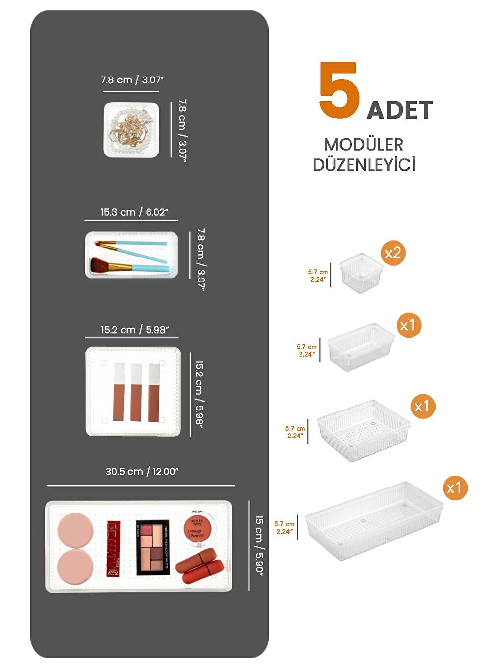 5 li Çekmece İçi Çok Amaçlı Organizer  Kozmetik Takı Makyaj Organizeri Dolap İçi Düzenleyici Şeffaf-1