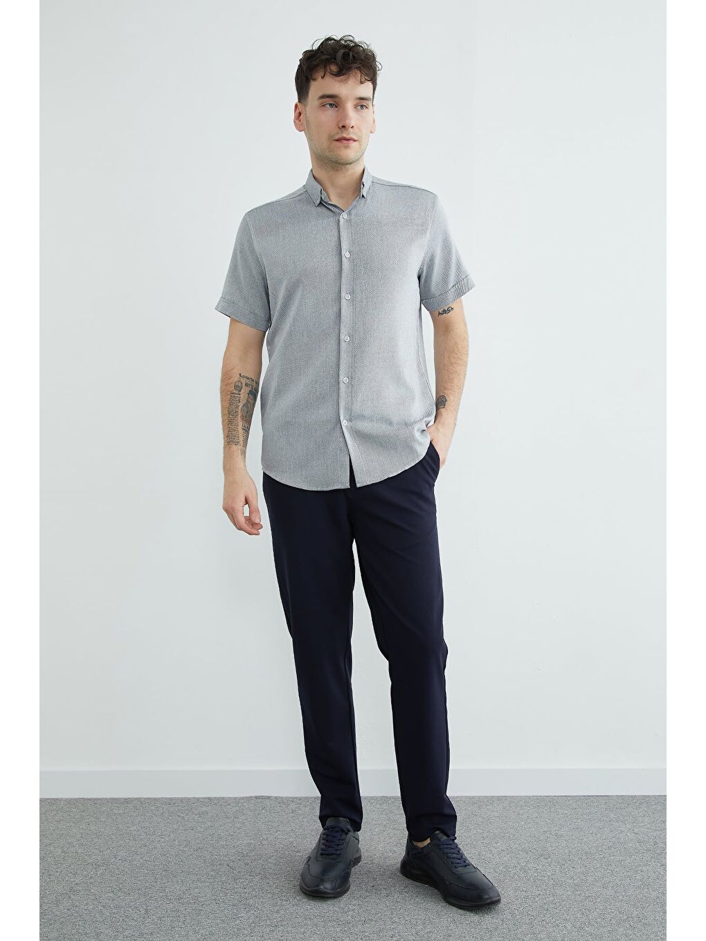 Lacivert Çizgili Kısa Kollu Gömlek-4