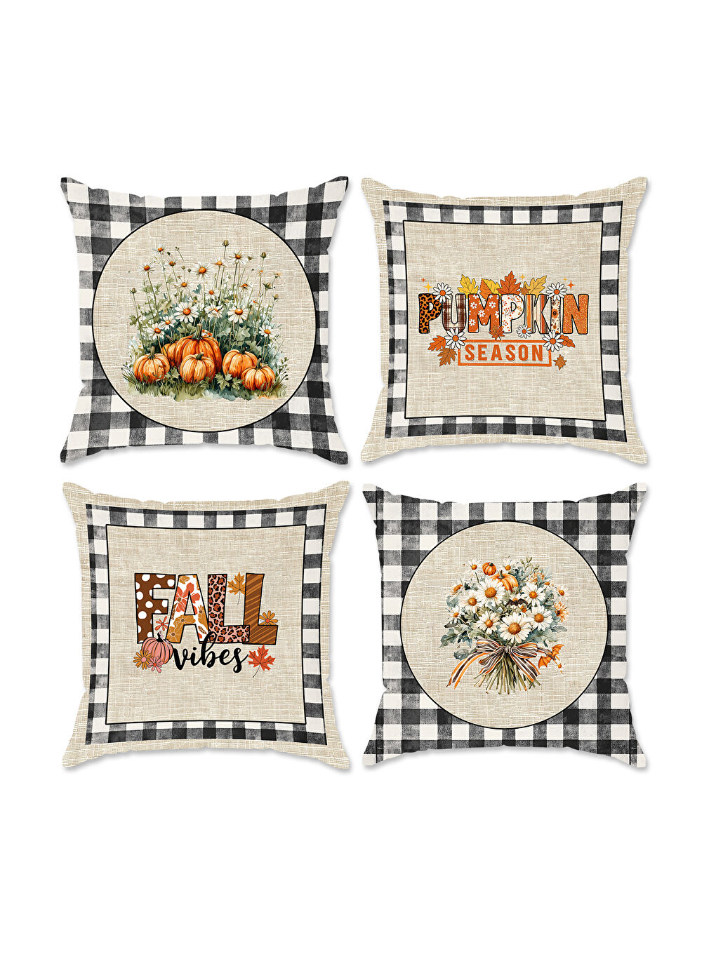 Karışık Çift Taraf Baskılı Kadife Doku Sonbahar Ve Kabak Desenli 4'lü Kırlent Seti-1