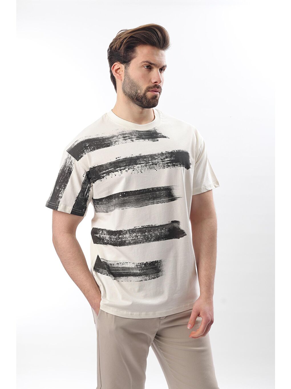 Ekru Baskılı Regular Fit Erkek %100 Pamuk Tişört E7107