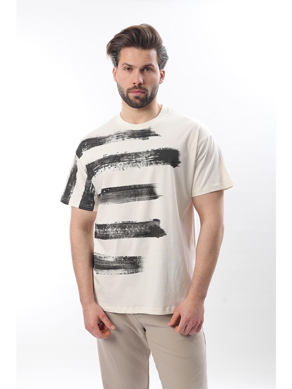 Ekru Baskılı Regular Fit Erkek %100 Pamuk Tişört E7107-1
