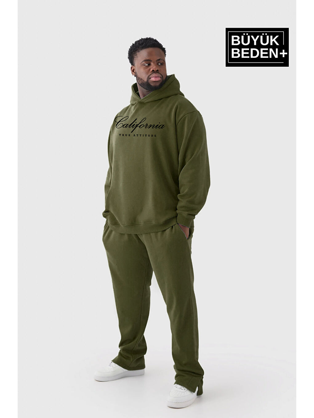 Haki El Yazılı California Baskılı Büyük Beden İnce Kapüşonlu Erkek Hoodie SPR25BSW62