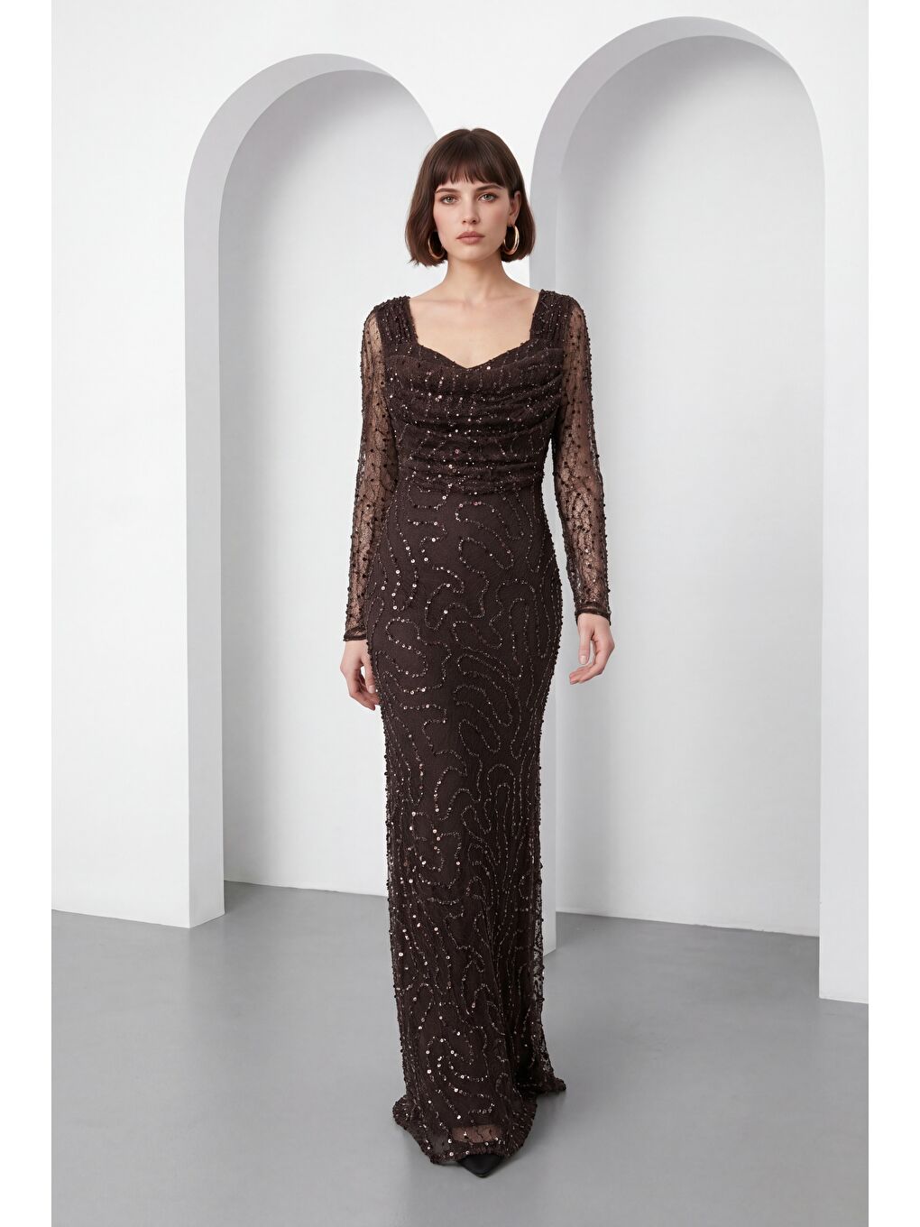 Kadın Kahverengi Uzun Kol Boncuklu Abiye Elbise-1