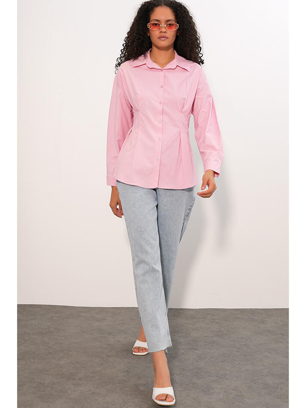 Kadın Belden Oturtmalı Poplin Gömlek 20384 - Pembe-1