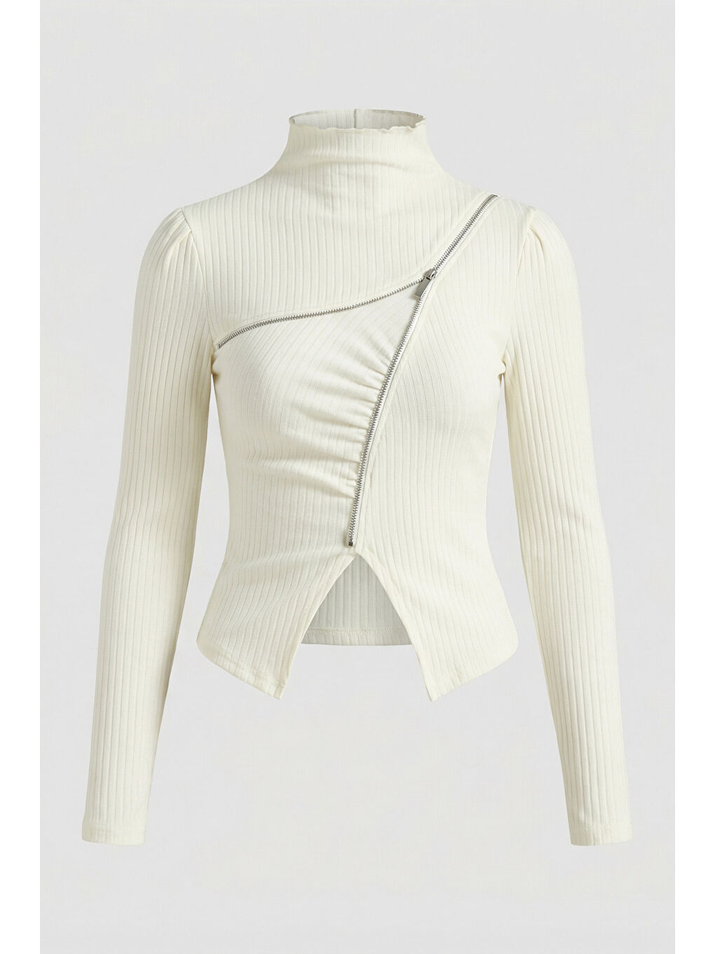 Kadın Beyaz w5 Asimetrik Kesim Fermuar Detaylı Özel Tasarım Crop Top-3