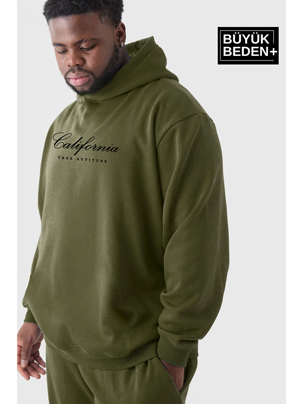 Haki El Yazılı California Baskılı Büyük Beden İnce Kapüşonlu Erkek Hoodie SPR25BSW62-1