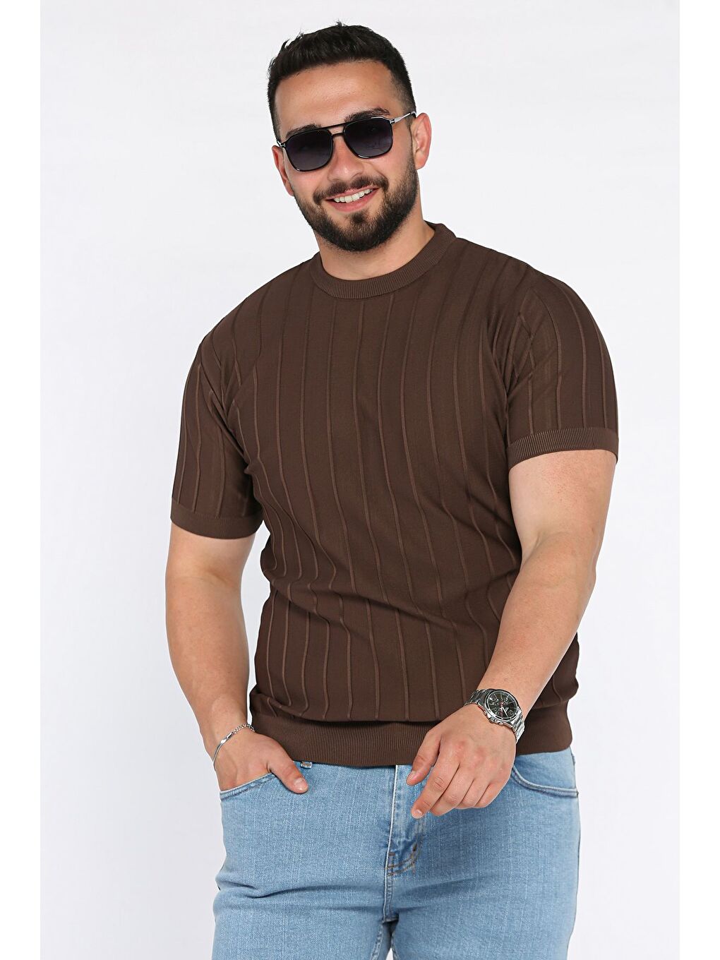 Kahverengi Erkek Bisiklet Yaka Kendinden Çizgi Desenli Triko Tişört