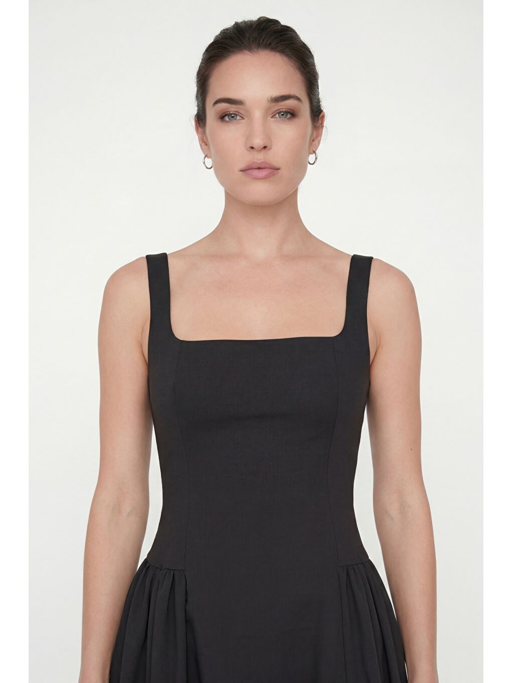 Kadın Siyah Askılı Kare Yaka Midi Davet Elbisesi-2