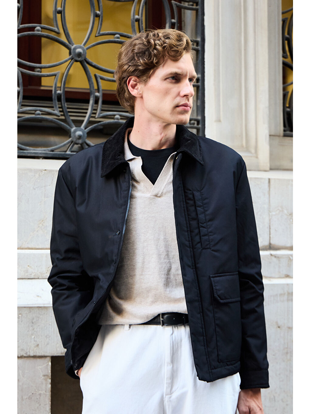 Erkek Kontrast Yakalı Mont Ceket Siyah-1