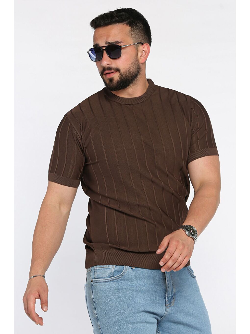 Kahverengi Erkek Bisiklet Yaka Kendinden Çizgi Desenli Triko Tişört-1