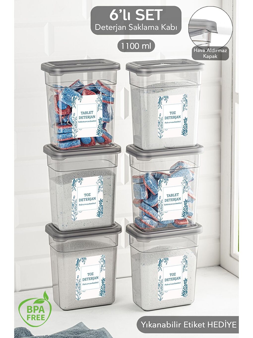 Gri 6 lı Etiketli Deterjan Saklama Kabı Seti   Hava Geçirmez Kapaklı Saklama Kutusu   6 x 1100 ml