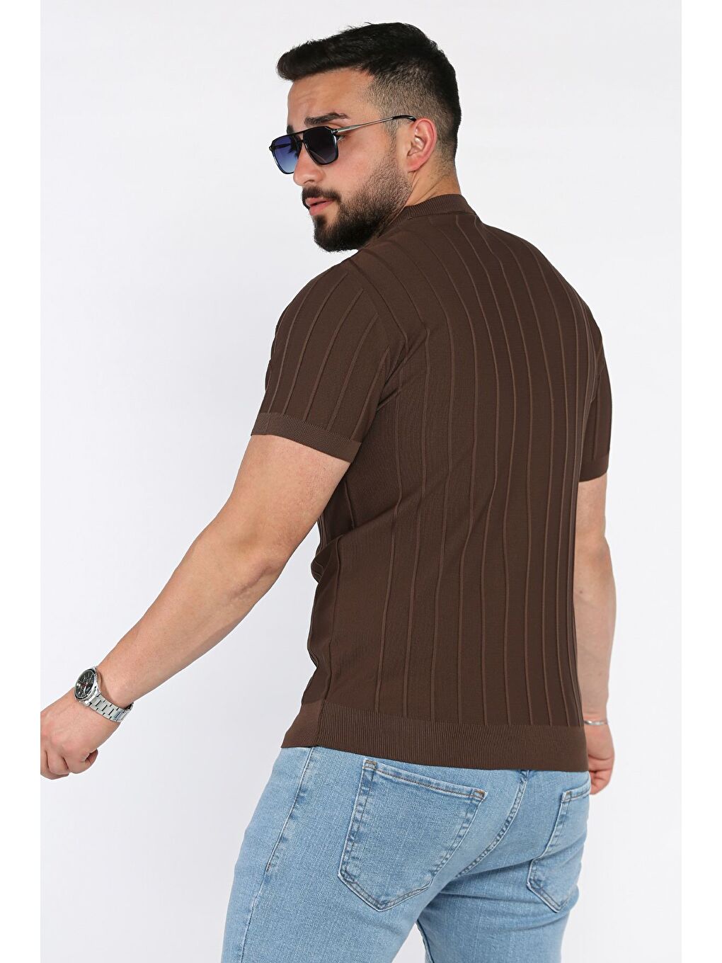 Kahverengi Erkek Bisiklet Yaka Kendinden Çizgi Desenli Triko Tişört-2
