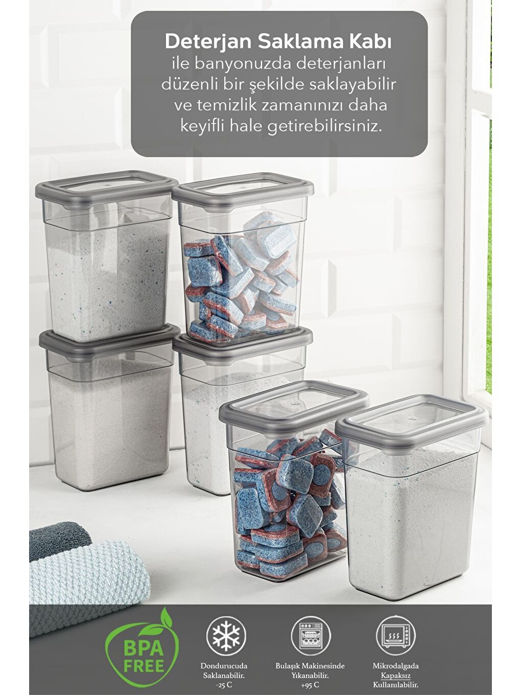 Gri 6 lı Etiketli Deterjan Saklama Kabı Seti   Hava Geçirmez Kapaklı Saklama Kutusu   6 x 1100 ml-1