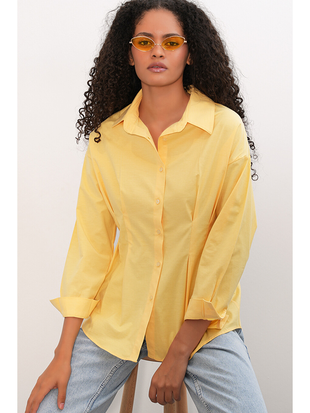 Kadın Belden Oturtmalı Poplin Gömlek 20384 - Sarı-3